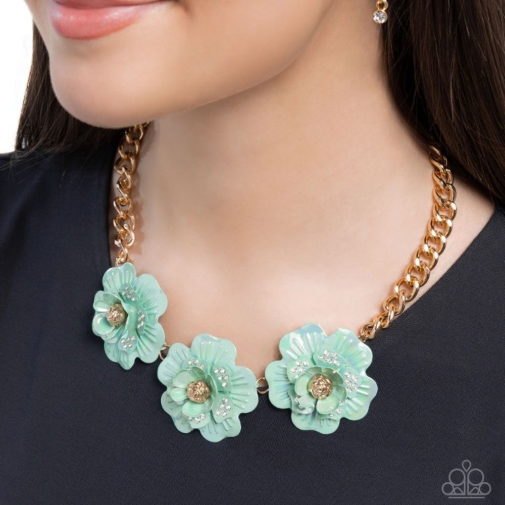 Paparazzi Gala Genre Floral Mint Green Necklace Gold-tone Bold Rhinestones New